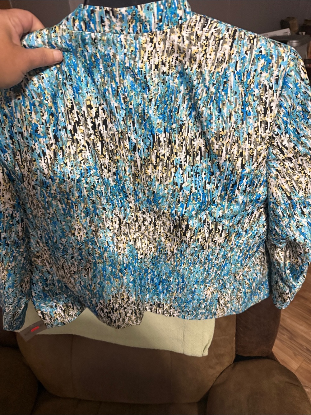 Kasper Teal Blue Multicolor Abstract Collarless Jacket - Picture 4 of 6